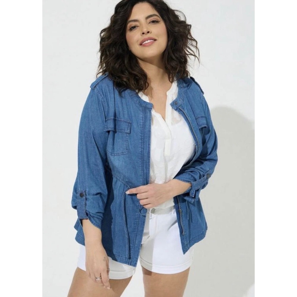 Torrid Womens 2X Blue Chambray Utility Jacket Drawstring Waist roll tab sleeve